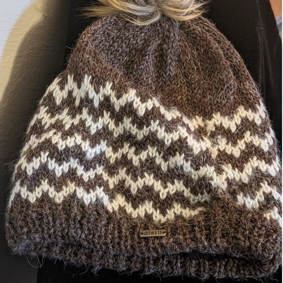 Pistil Brown/Cream ZigZag Print Knit Faux Fur Pom Pom Beanie - Picture 6 of 8